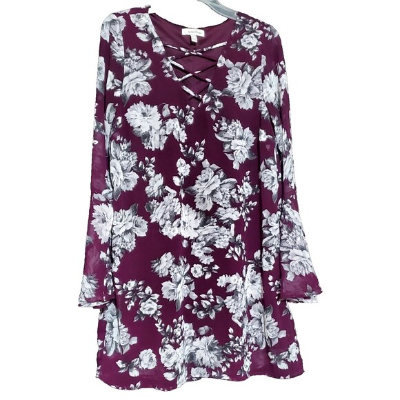 Boho Purple Floral V-Neck Shift Dress M Bell Sleeves Hippie Festival Style - Picture 2 of 14